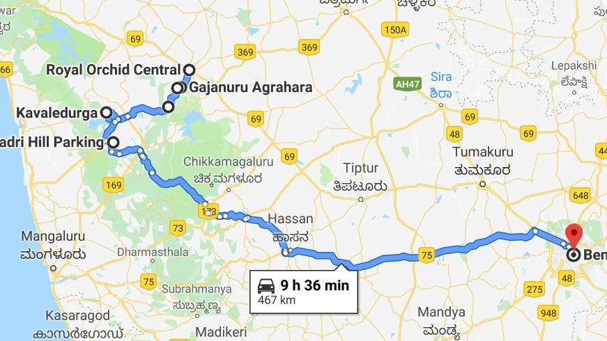 Map of Day 2 of 2-day Shimoga Trip Plan from Bangalore