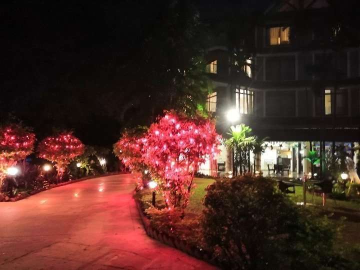 The illuminated garden of Crown Goa Hotel in the evening. 