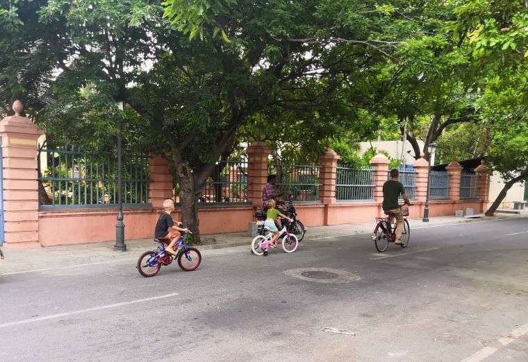 A man and two kids cycling in the lovely tree-shaded road infront of the pink church 