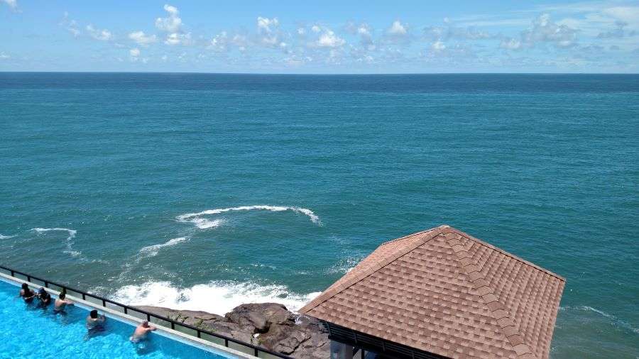 Infinity pool with the most gorgeous view of the vanilla blue sea at Raviz Kovalam