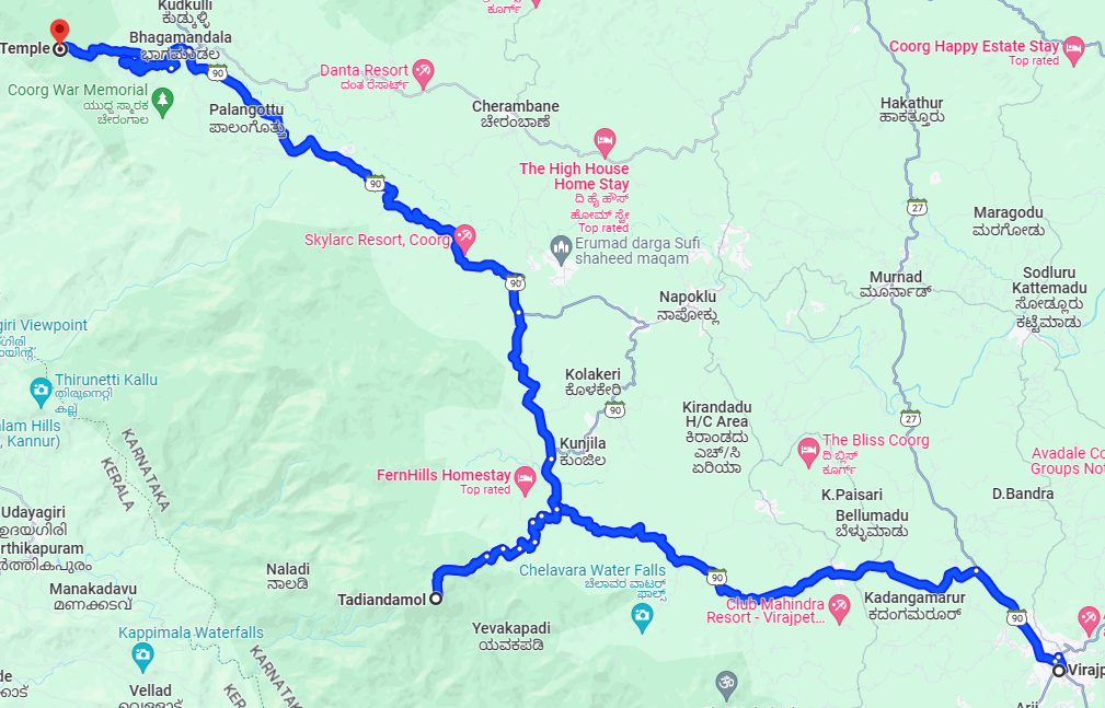 Virajpet to Tadiadmol trekking spot and from there to Talakaveri - route on google maps